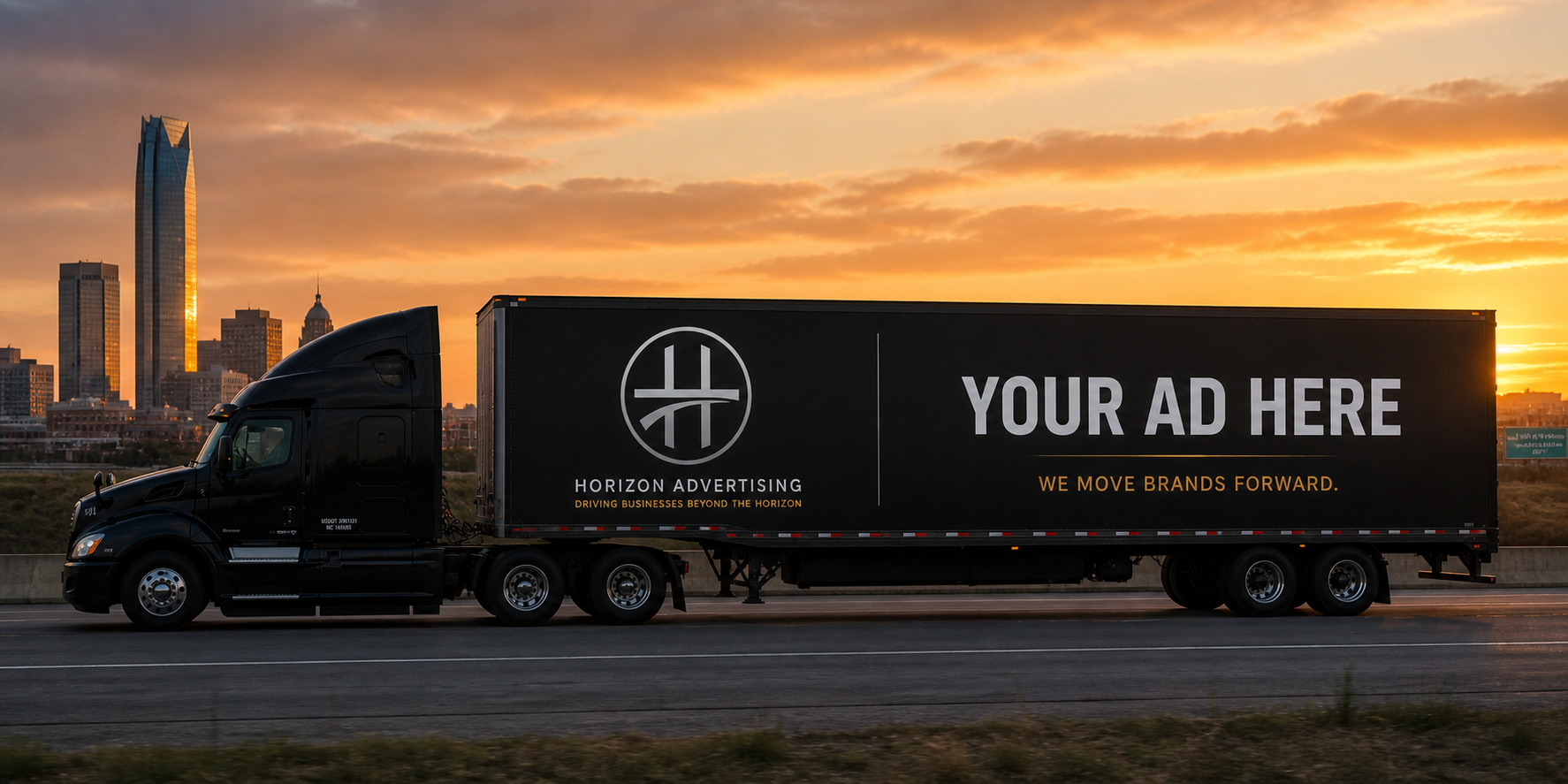 Horizon Advertising wrapped semi-truck on Oklahoma highway at sunset